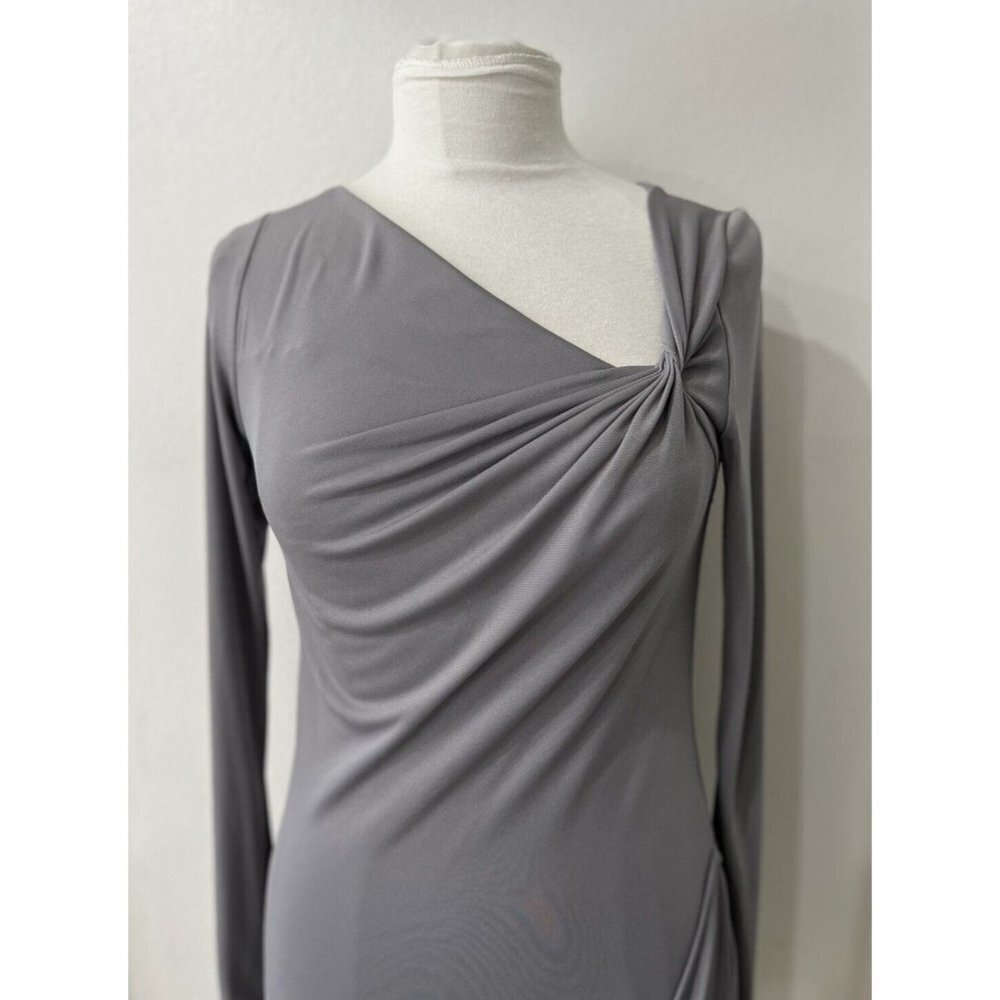Max Azria grey small long sleeve cocktail dress gathered shoulder draped hem NEW